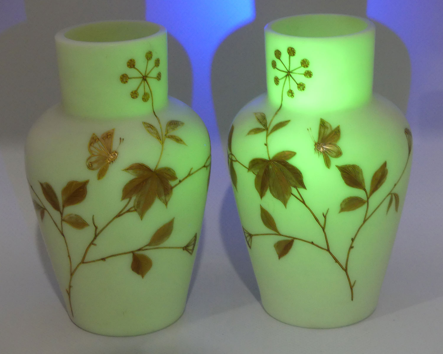 Pair of Victorian era Satin Glass Hand Enamelled vases | Uranium Glow