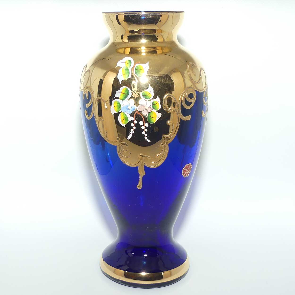 Hand enamelled floral decoration Blue and Gilt vase | Made in Italy