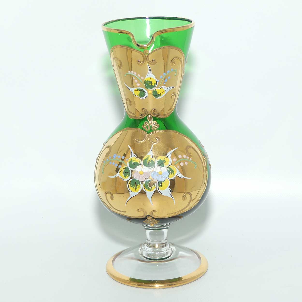 Venetian Hand Painted Floral decoration and Gilt on Emerald Green jug