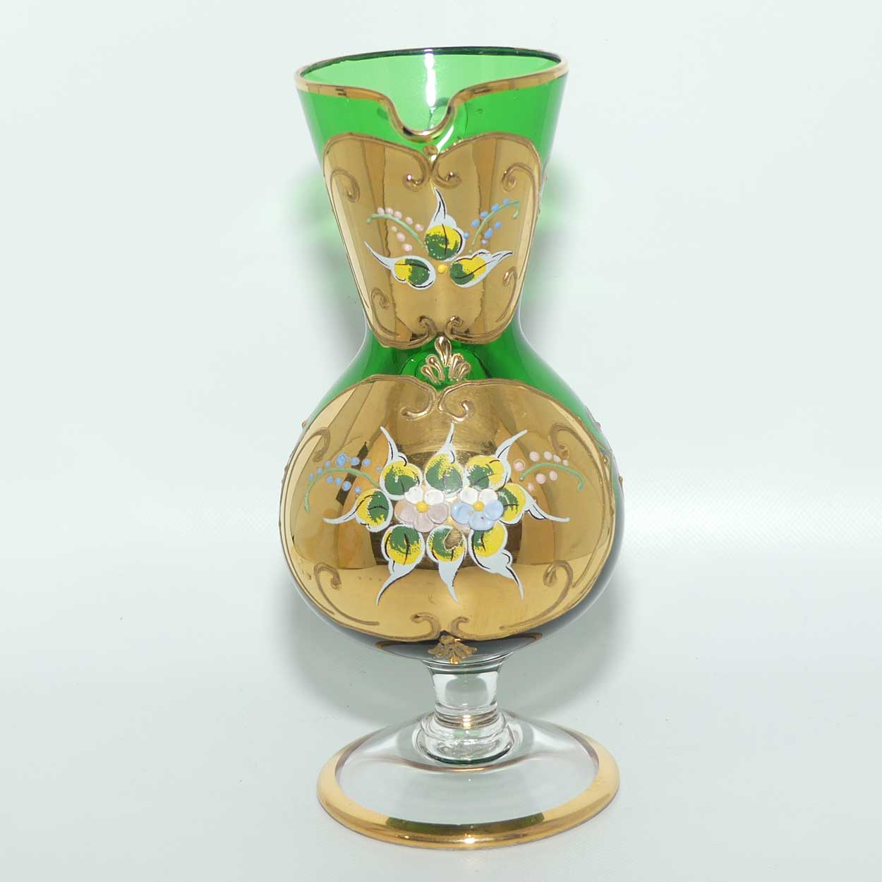 Venetian Hand Painted Floral decoration and Gilt on Emerald Green jug