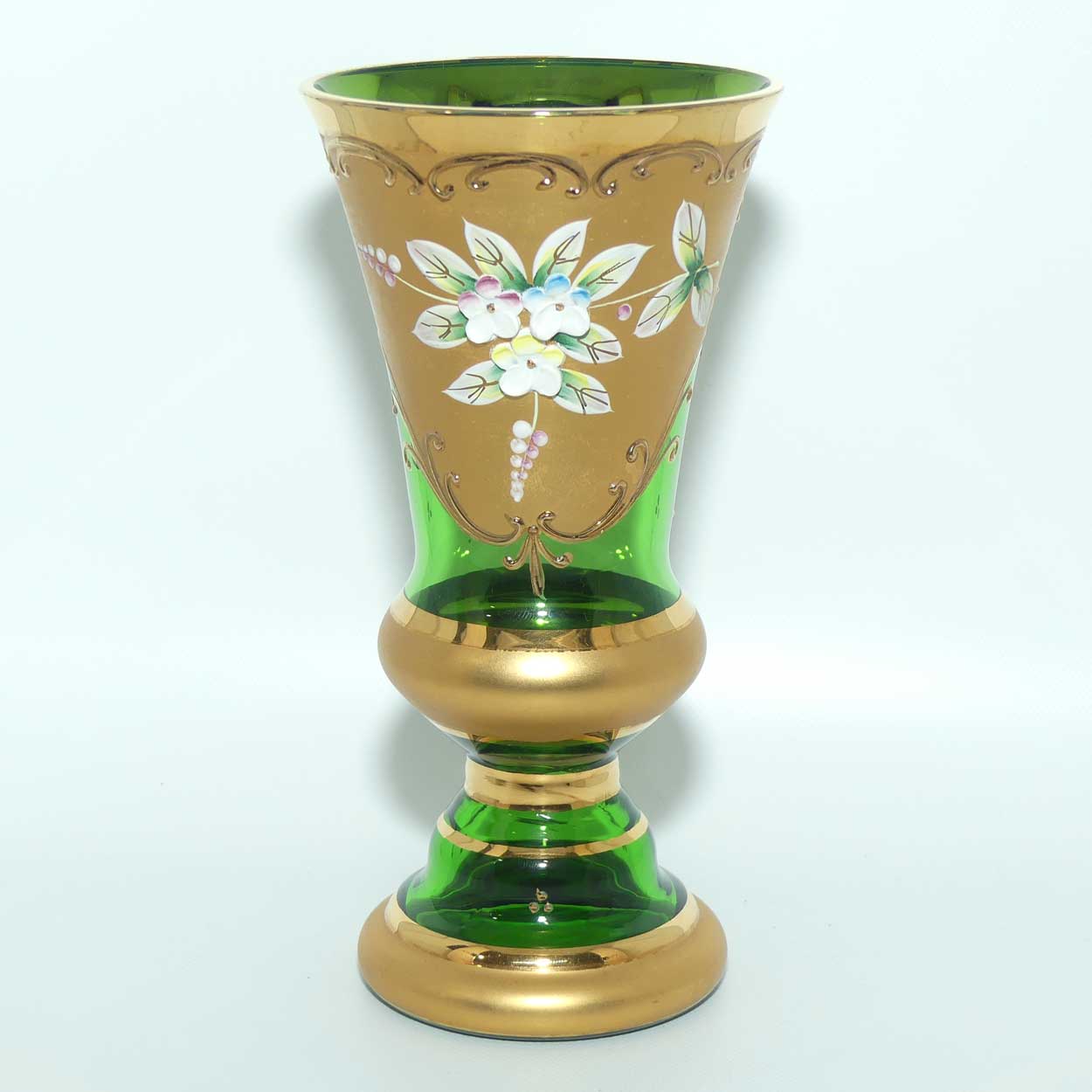 Venetian Hand Painted Floral decoration and Gilt on Emerald Green vase