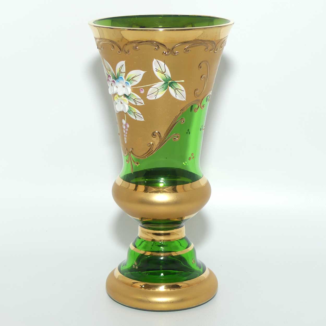 Venetian Hand Painted Floral decoration and Gilt on Emerald Green vase
