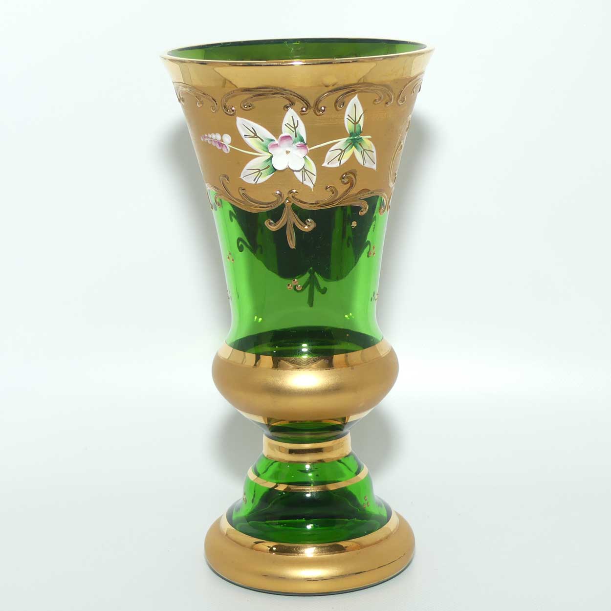 Venetian Hand Painted Floral decoration and Gilt on Emerald Green vase