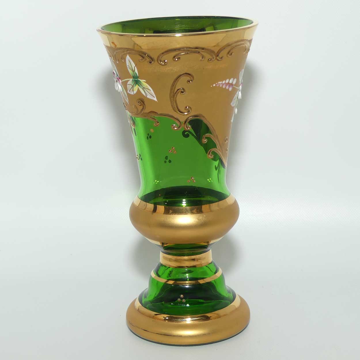 Venetian Hand Painted Floral decoration and Gilt on Emerald Green vase