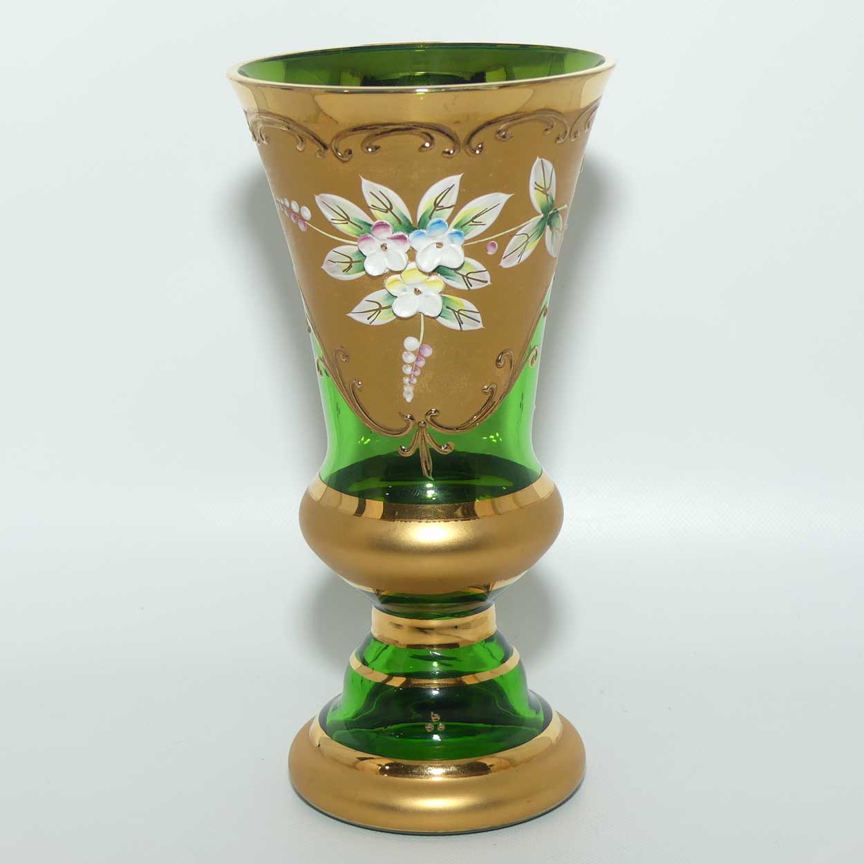 Venetian Hand Painted Floral decoration and Gilt on Emerald Green vase