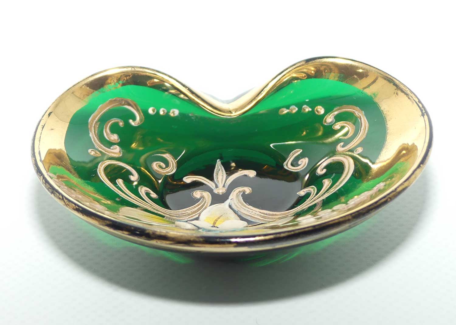 Venetian Glass miniature dish | Green and Gilt Enamel