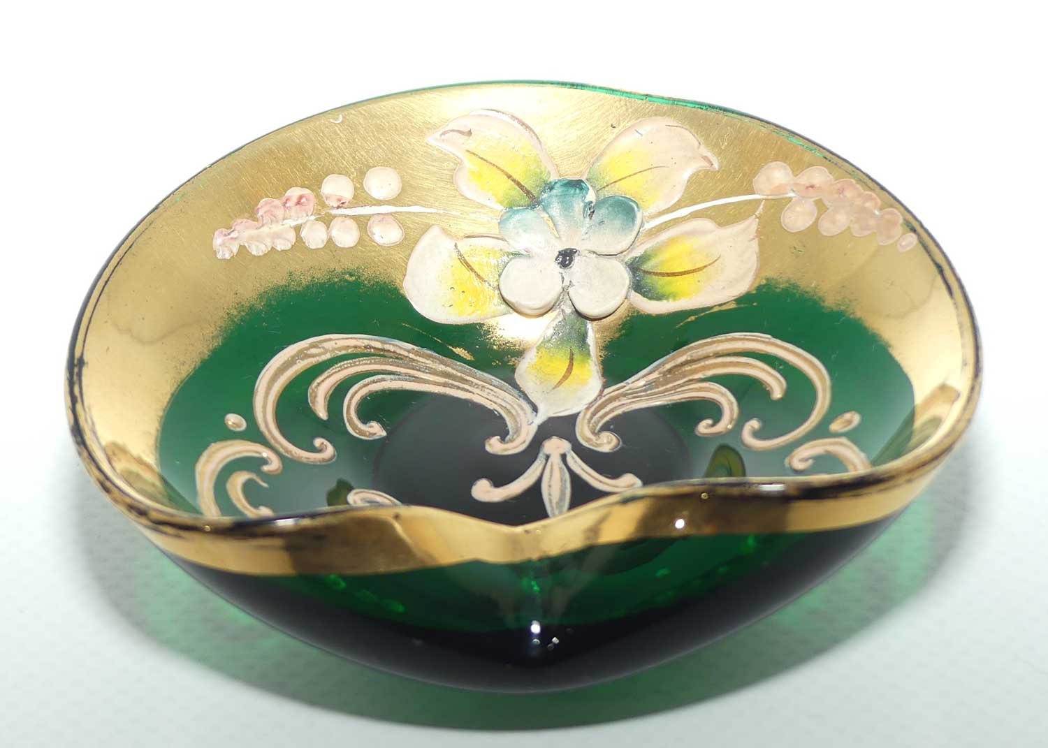 Venetian Glass miniature dish | Green and Gilt Enamel