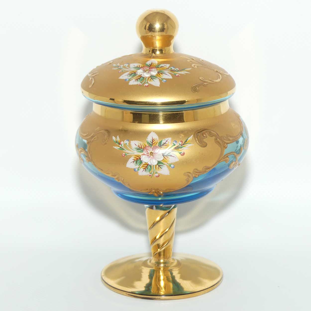 Venetian Hand Painted Floral decoration and Gilt on Aquamarine glass lolly jar