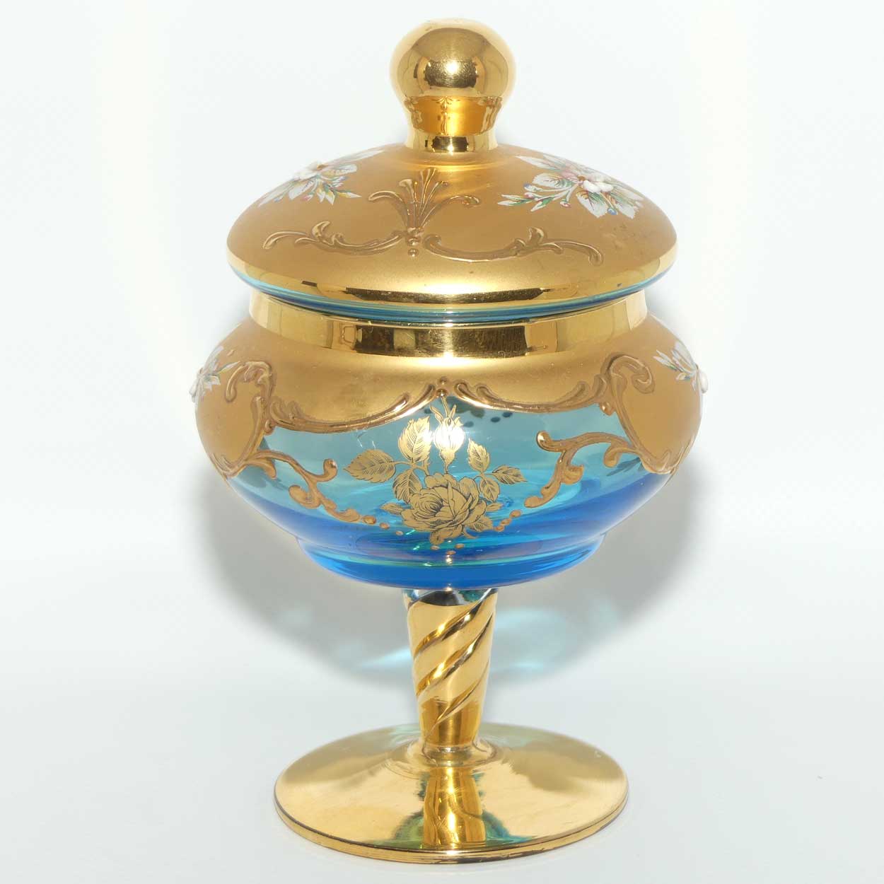 Venetian Hand Painted Floral decoration and Gilt on Aquamarine glass lolly jar