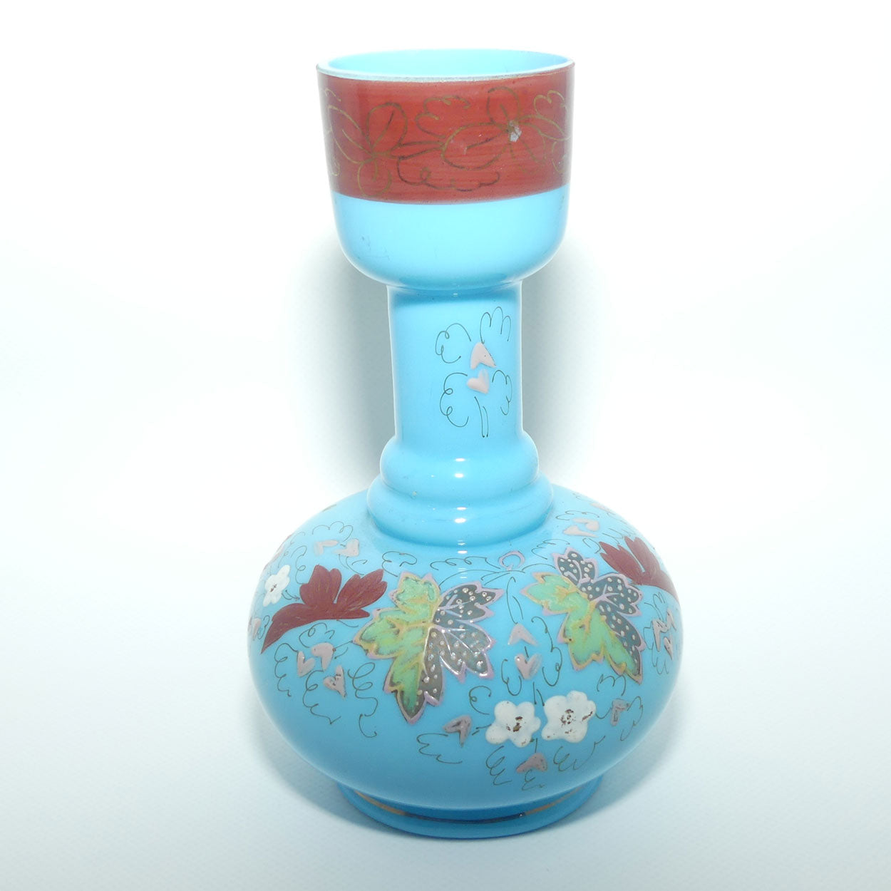 Victorian era Hand Enamelled vase on Turquoise Glass body