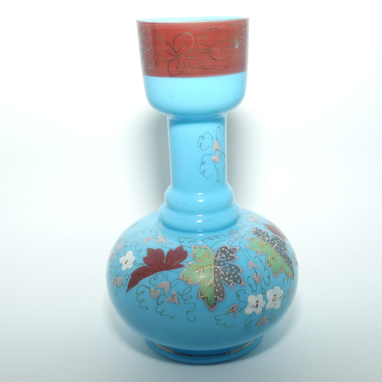 Victorian era Hand Enamelled vase on Turquoise Glass body