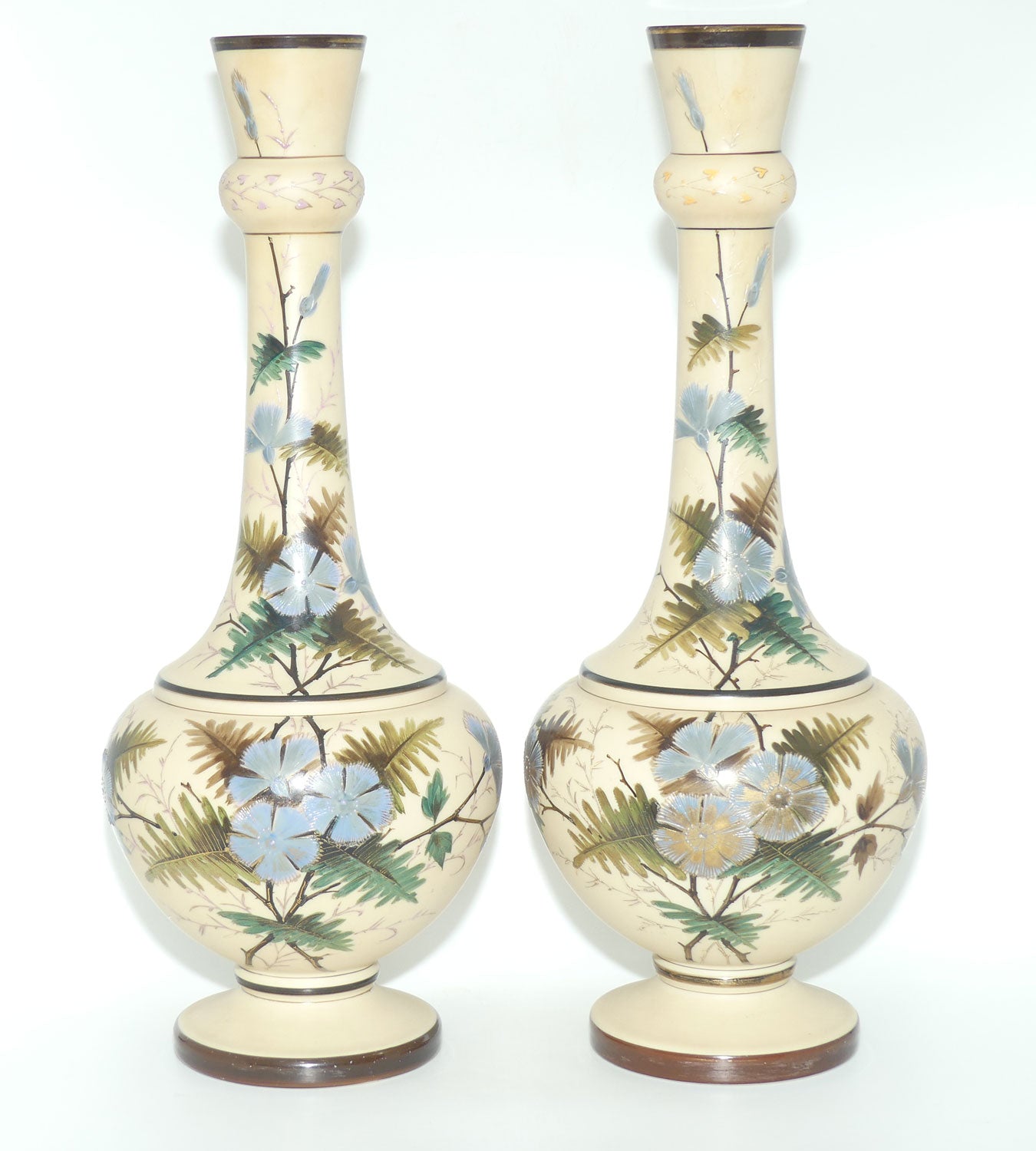 Pair Tall Victorian hand painted Custard glass mantle vases