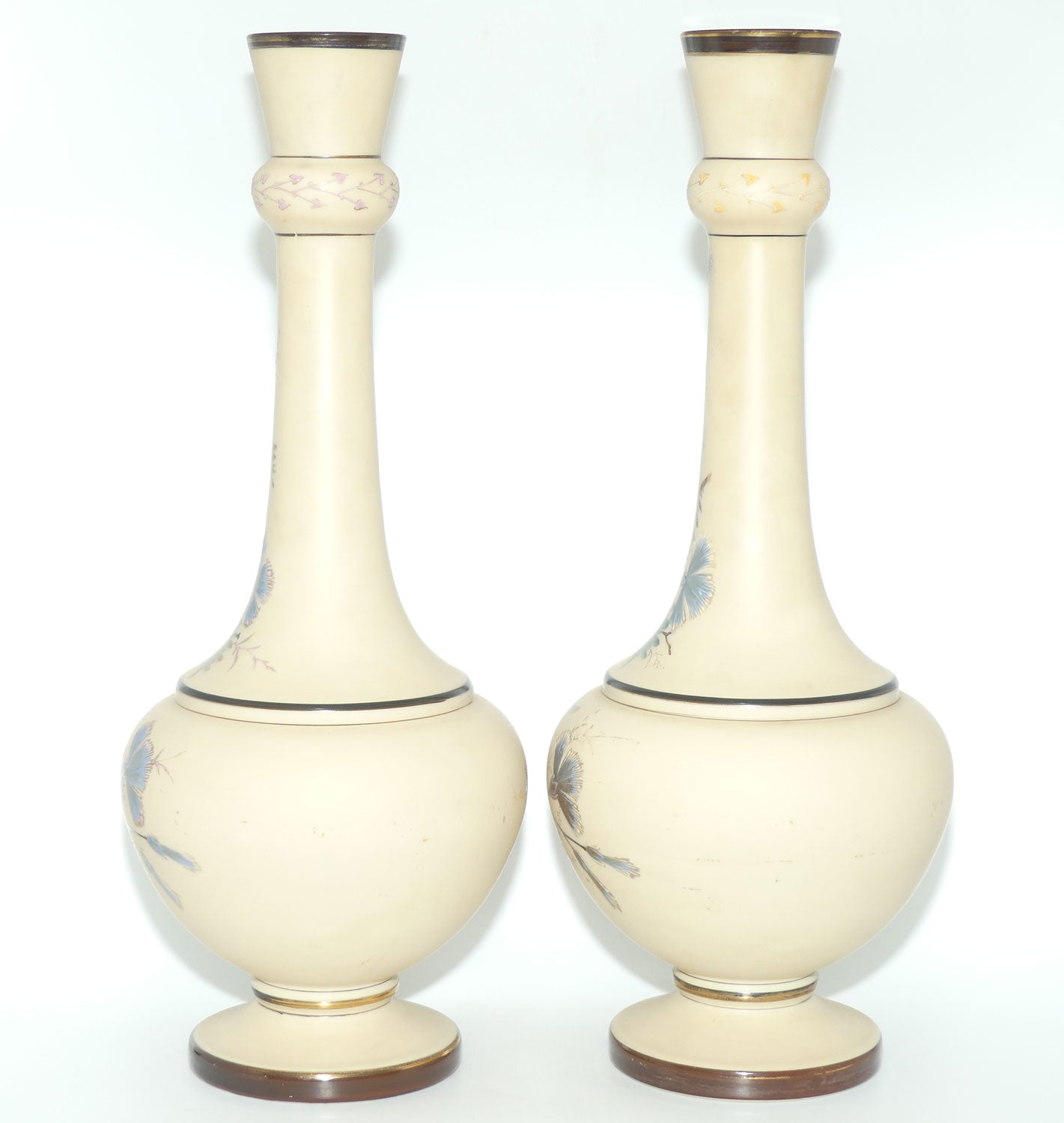Pair Tall Victorian hand painted Custard glass mantle vases