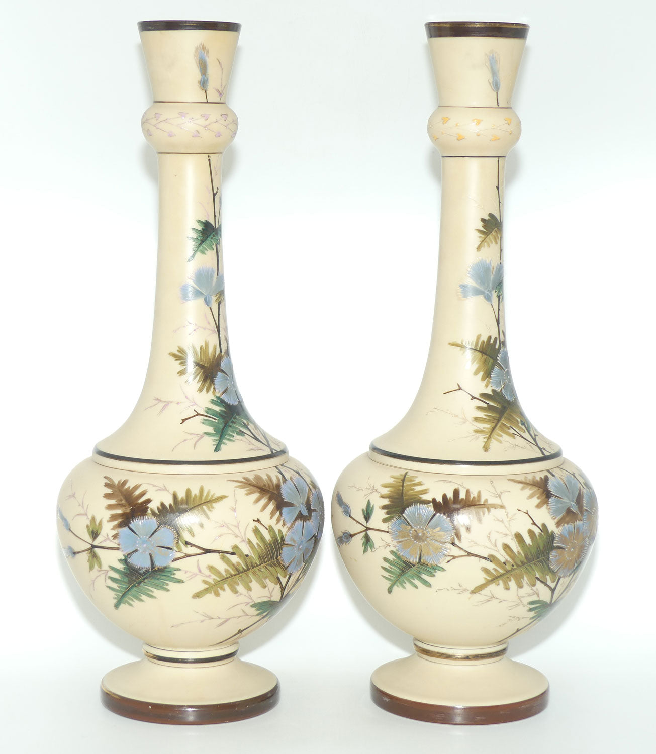 Pair Tall Victorian hand painted Custard glass mantle vases