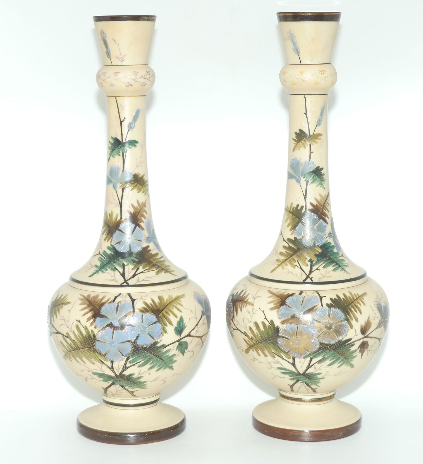 Pair Tall Victorian hand painted Custard glass mantle vases