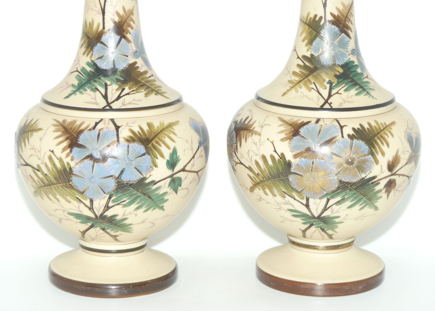 Pair Tall Victorian hand painted Custard glass mantle vases