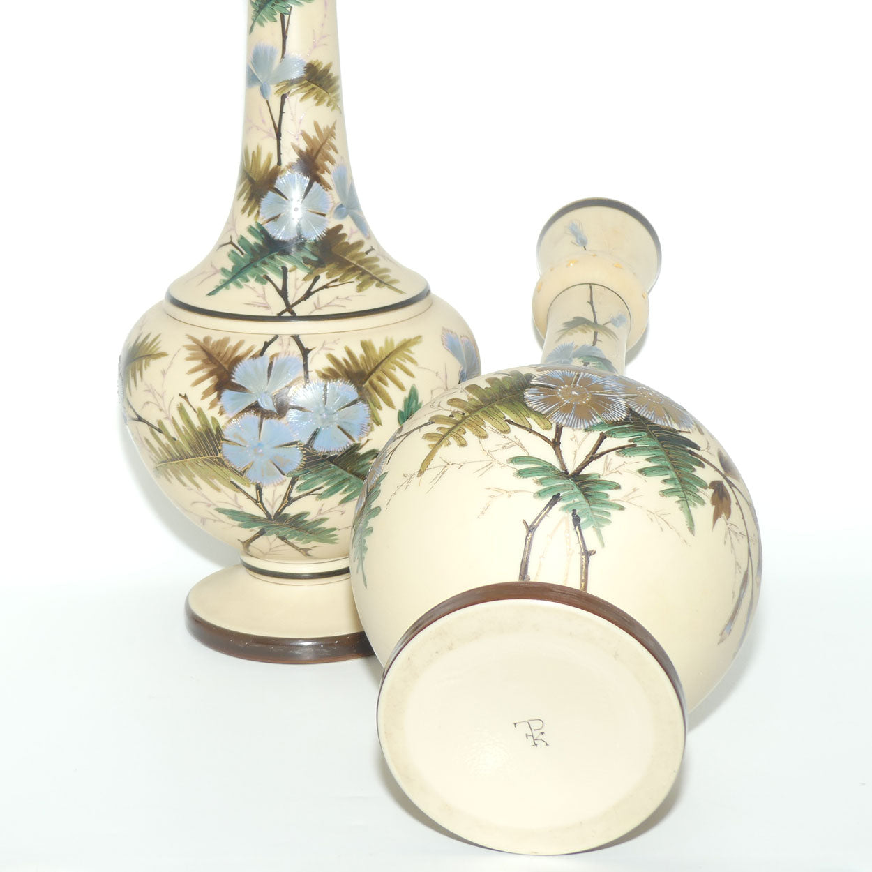 Pair Tall Victorian hand painted Custard glass mantle vases
