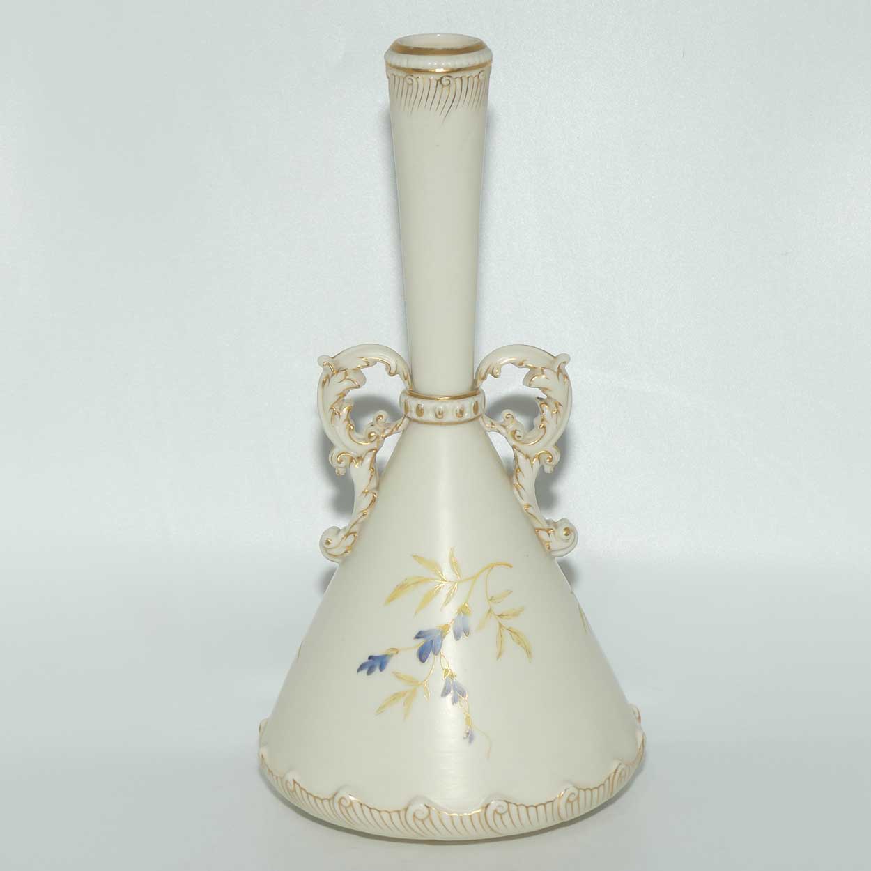 Royal Worcester Blush Ivory hand painted violets tall narrow neck vase with gilt handles