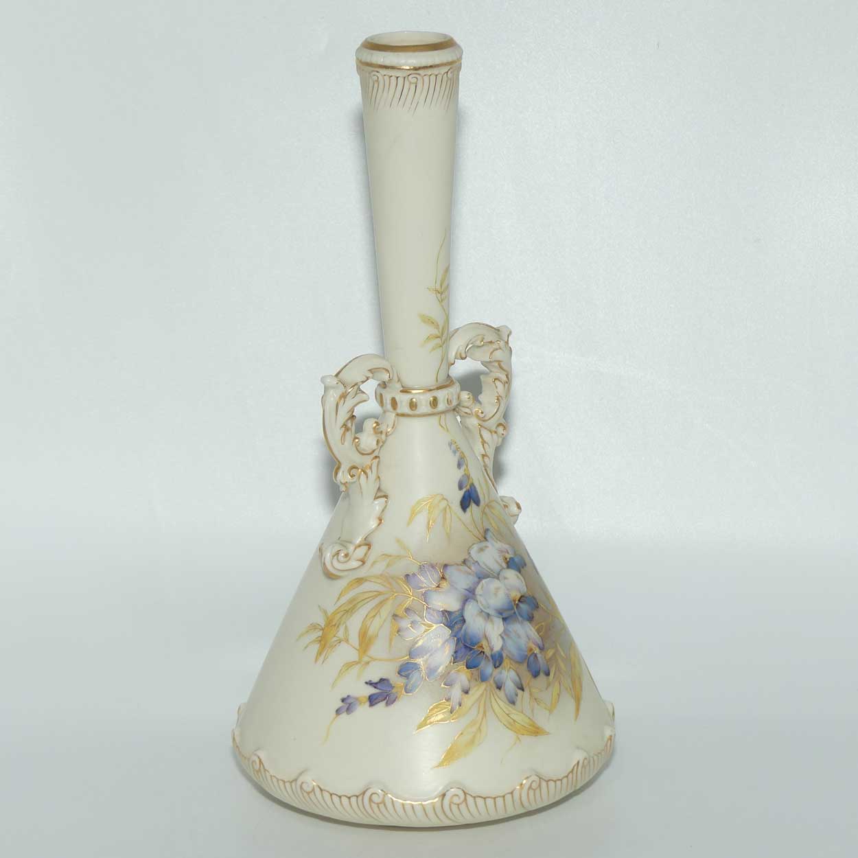 Royal Worcester Blush Ivory hand painted violets tall narrow neck vase with gilt handles
