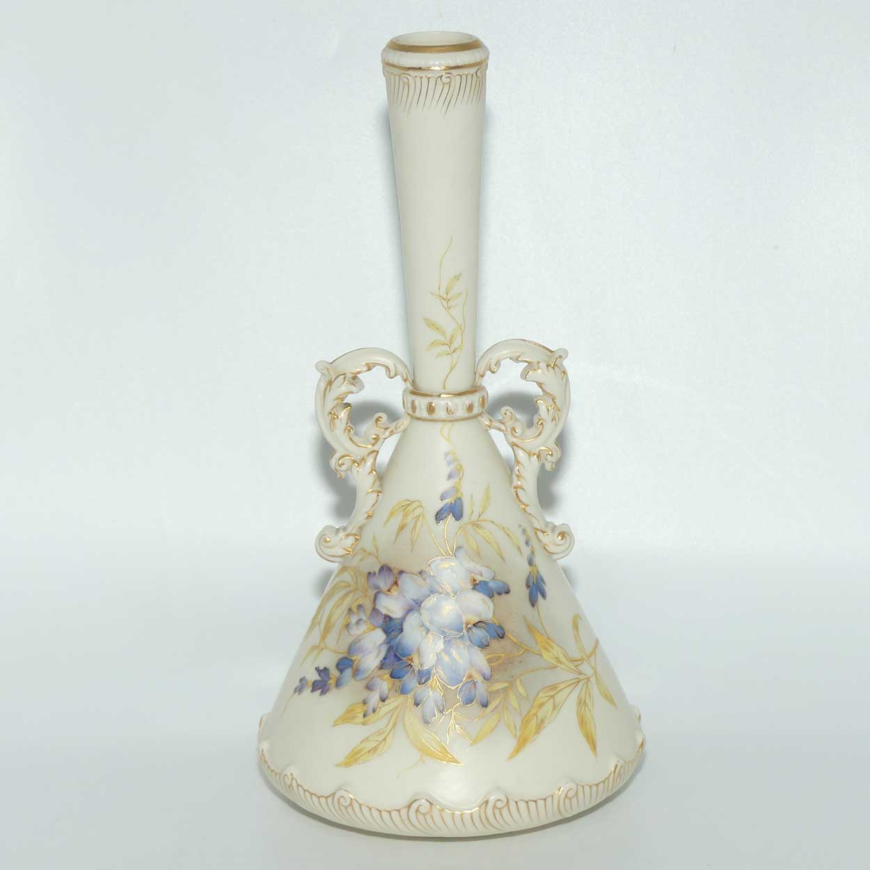 Royal Worcester Blush Ivory hand painted violets tall narrow neck vase with gilt handles