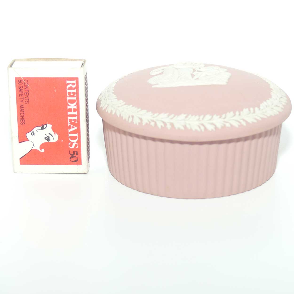 Wedgwood Jasper | White on Pink | Grecian Maidens trinket | Round with Ribbed base