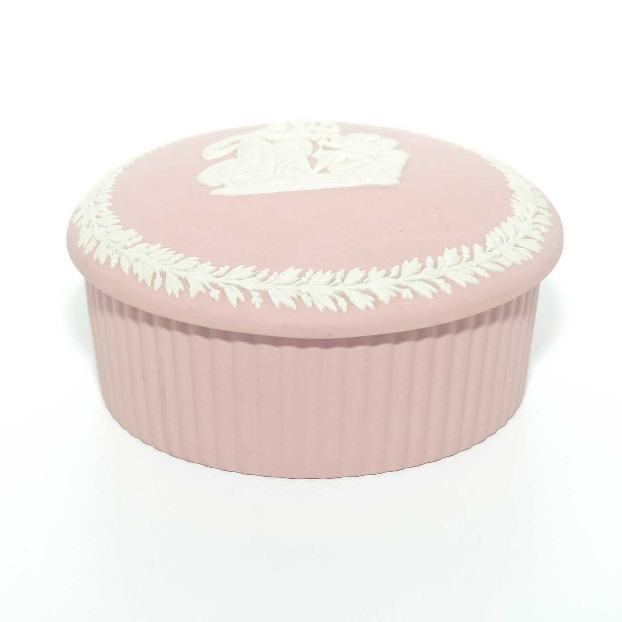 Wedgwood Jasper | White on Pink | Grecian Maidens trinket | Round with Ribbed base