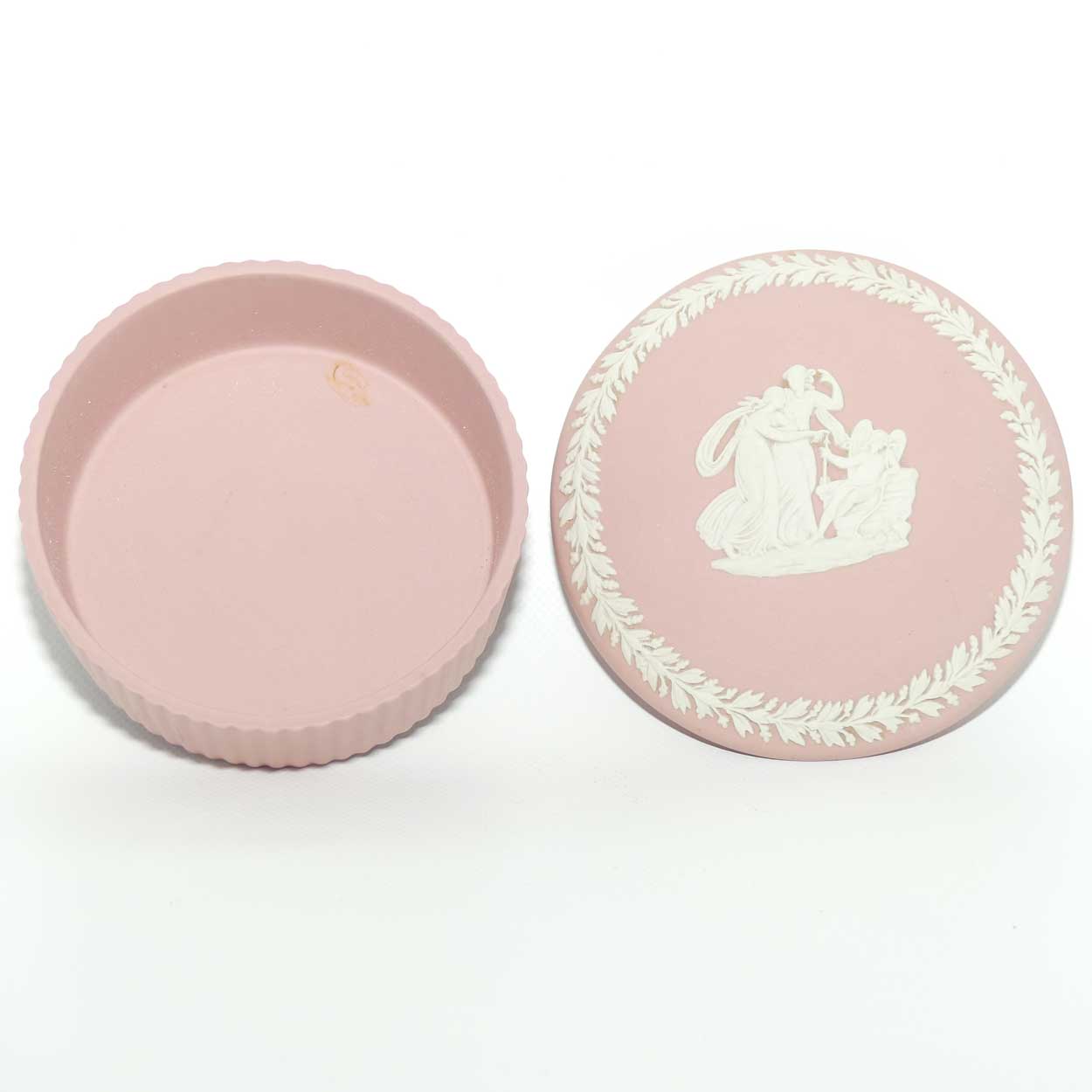 Wedgwood Jasper | White on Pink | Grecian Maidens trinket | Round with Ribbed base
