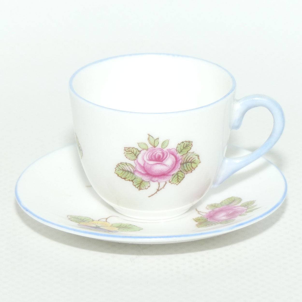 Shelley Westminster shape miniature Rose, Pansy & Forget me Not duo