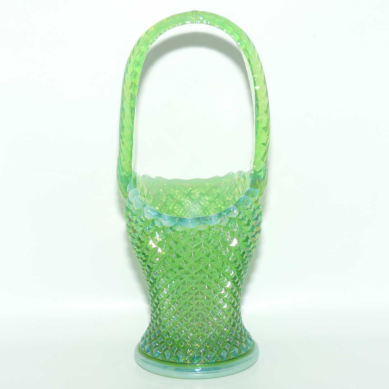Vintage Westmoreland Carnival Glass | Hobnail on Apple Green Basket and Slight Opalescent