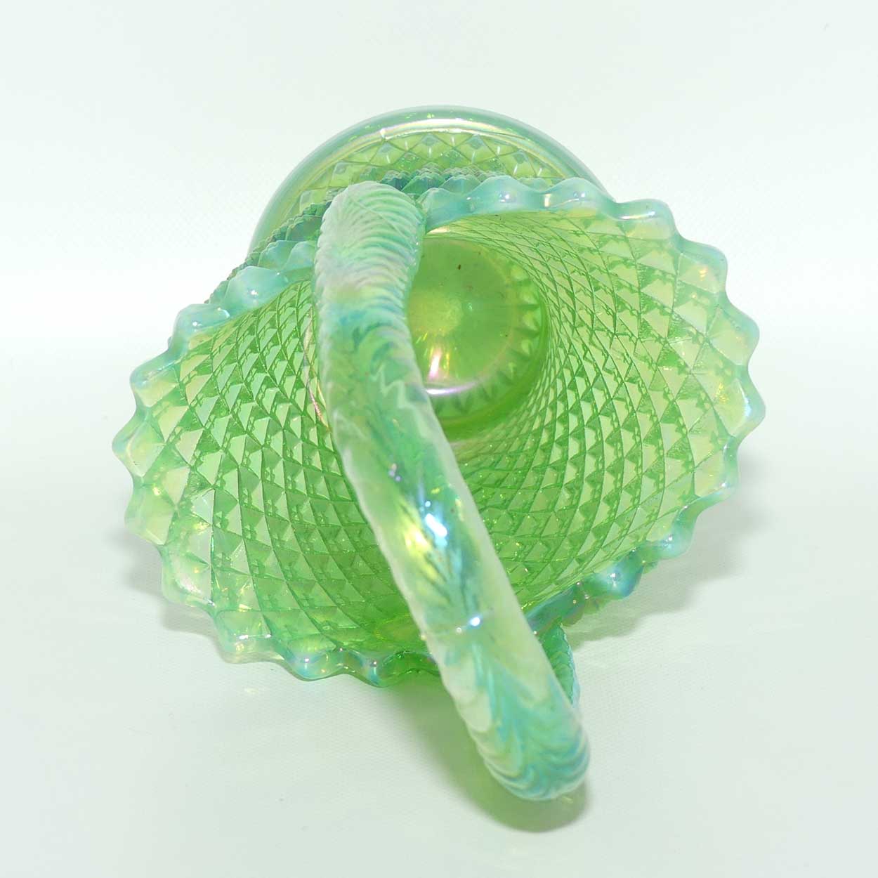 Vintage Westmoreland Carnival Glass | Hobnail on Apple Green Basket and Slight Opalescent