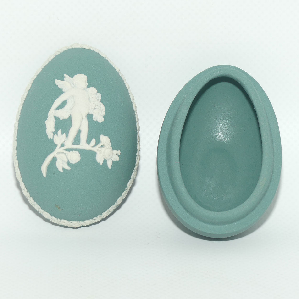 Wedgwood Jasper | White on Teal | Cherub Egg shape trinket box