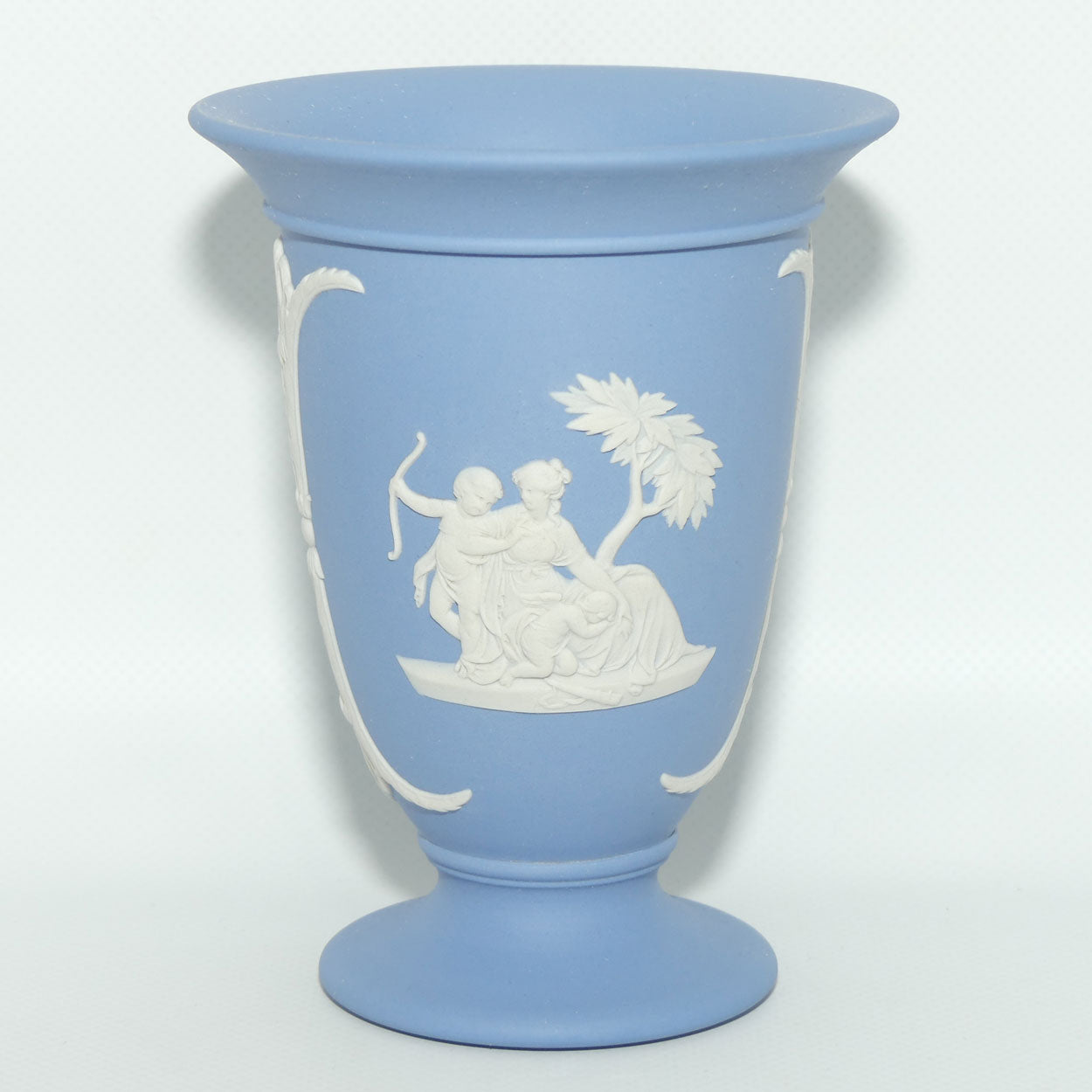 Wedgwood Jasper | White on Pale Blue trumpet shape vase | 2 Main Scenes | 13.5cm tall