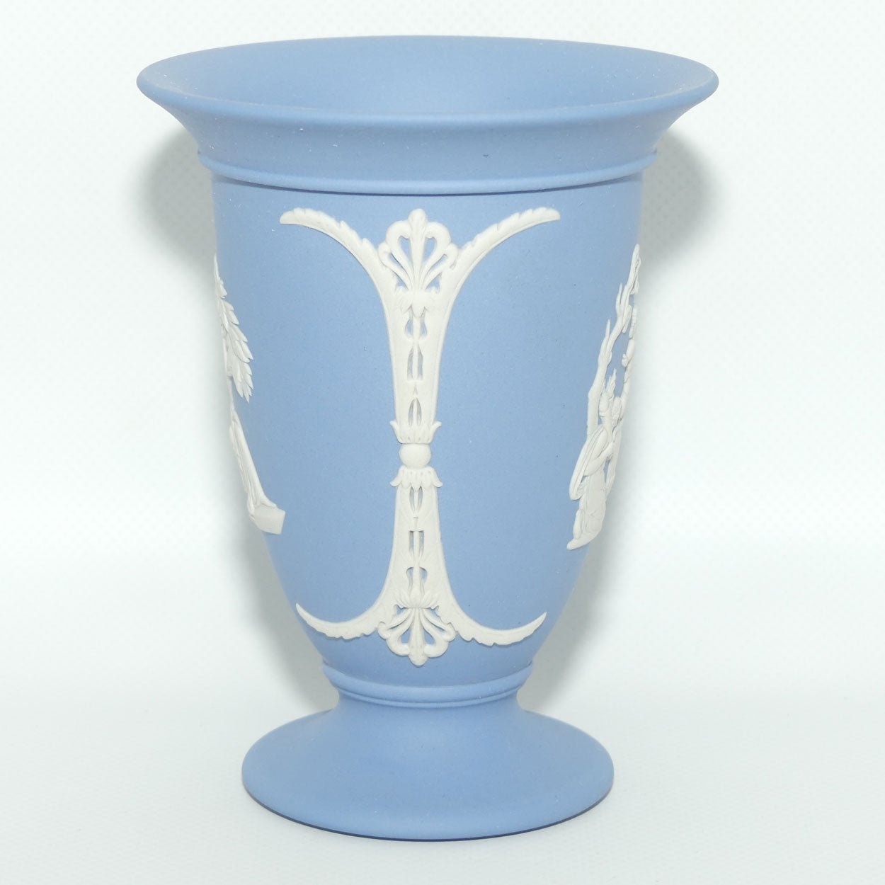 Wedgwood Jasper | White on Pale Blue trumpet shape vase | 2 Main Scenes | 13.5cm tall