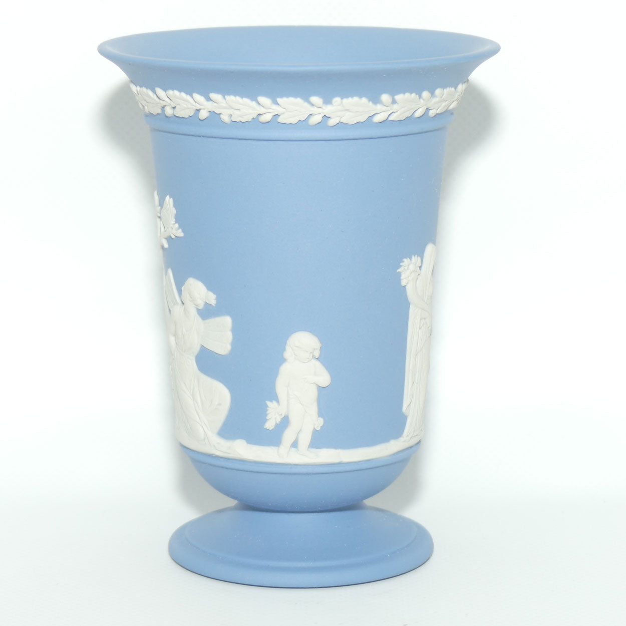 Wedgwood Jasper | White on Pale Blue trumpet shape vase | Maiden captured by Cupid | 13.5cm tall