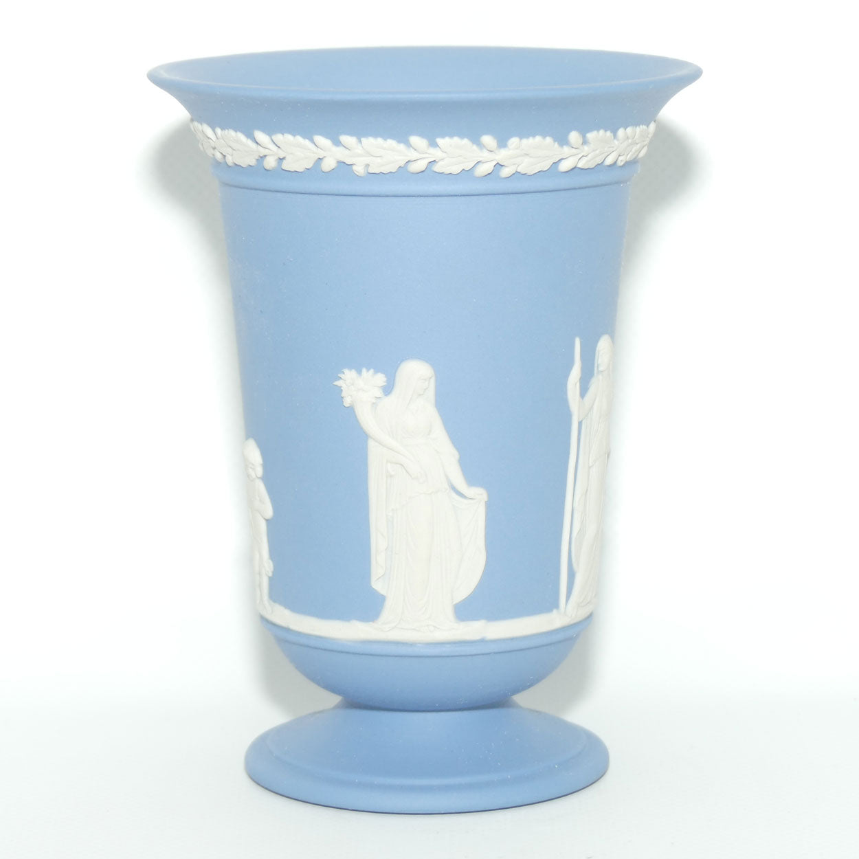 Wedgwood Jasper | White on Pale Blue trumpet shape vase | Maiden captured by Cupid | 13.5cm tall