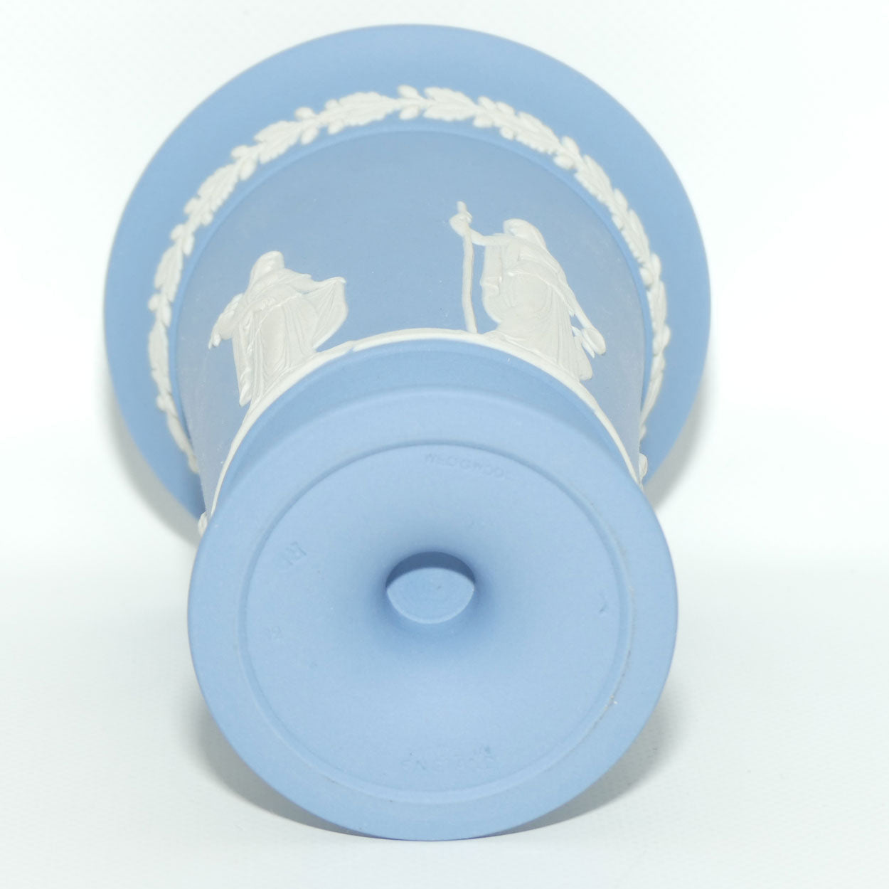 Wedgwood Jasper | White on Pale Blue trumpet shape vase | Maiden captured by Cupid | 13.5cm tall
