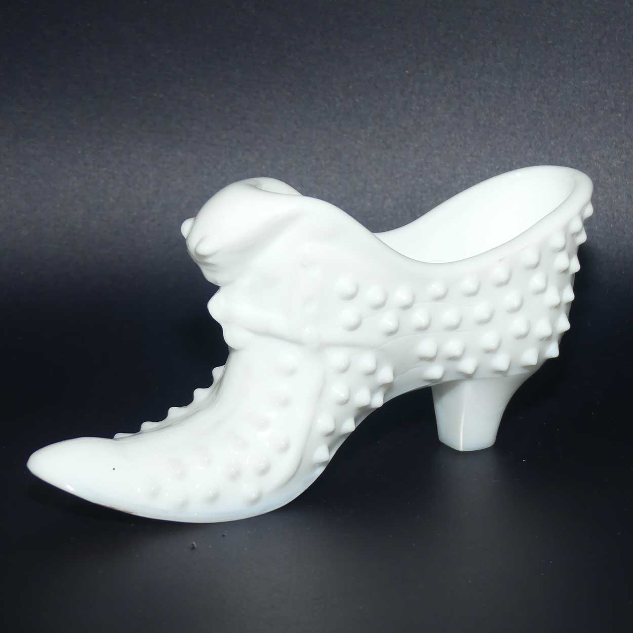 Fenton Glass White Hobnail cat slipper