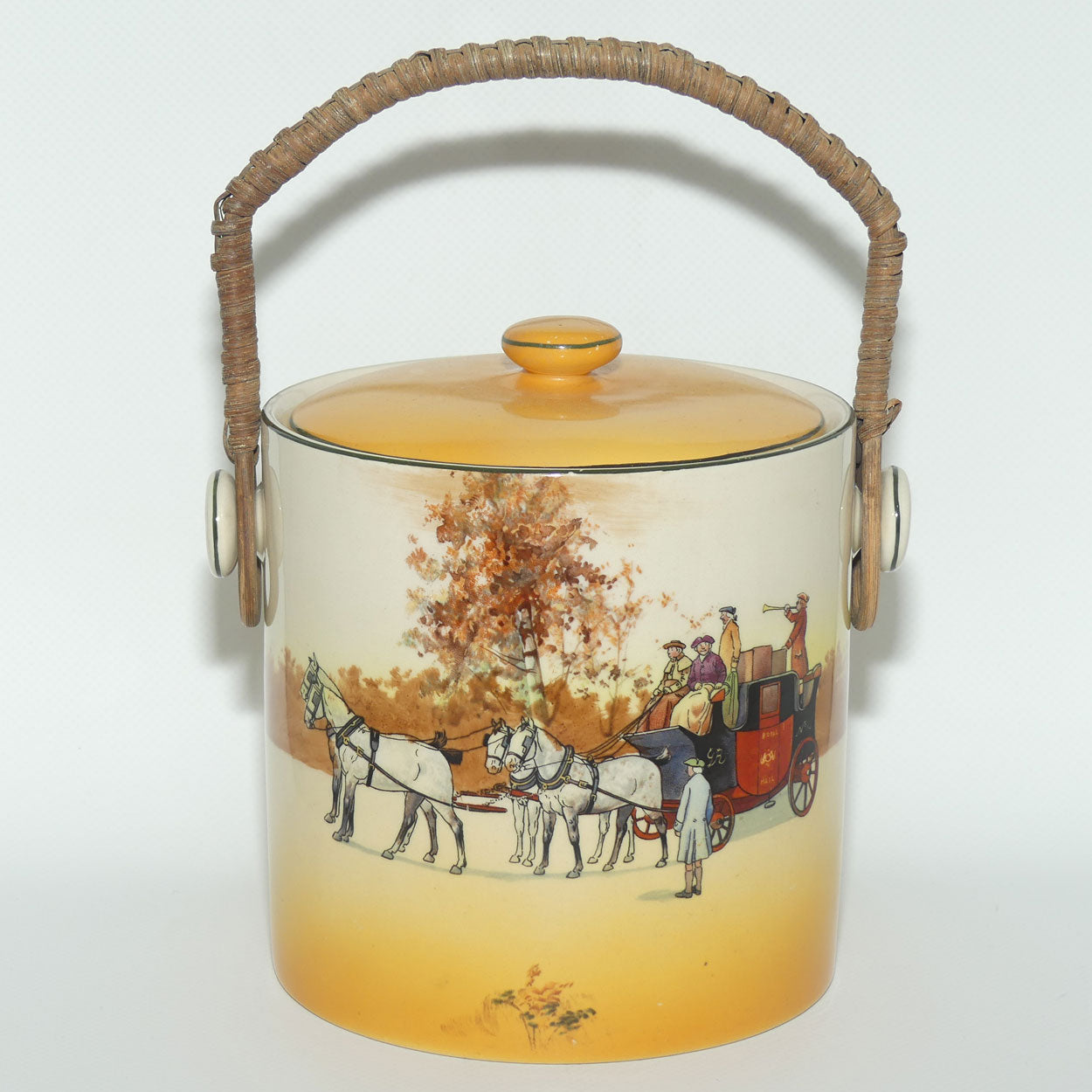 Royal Doulton Coaching Days biscuit barrel with wicker handle