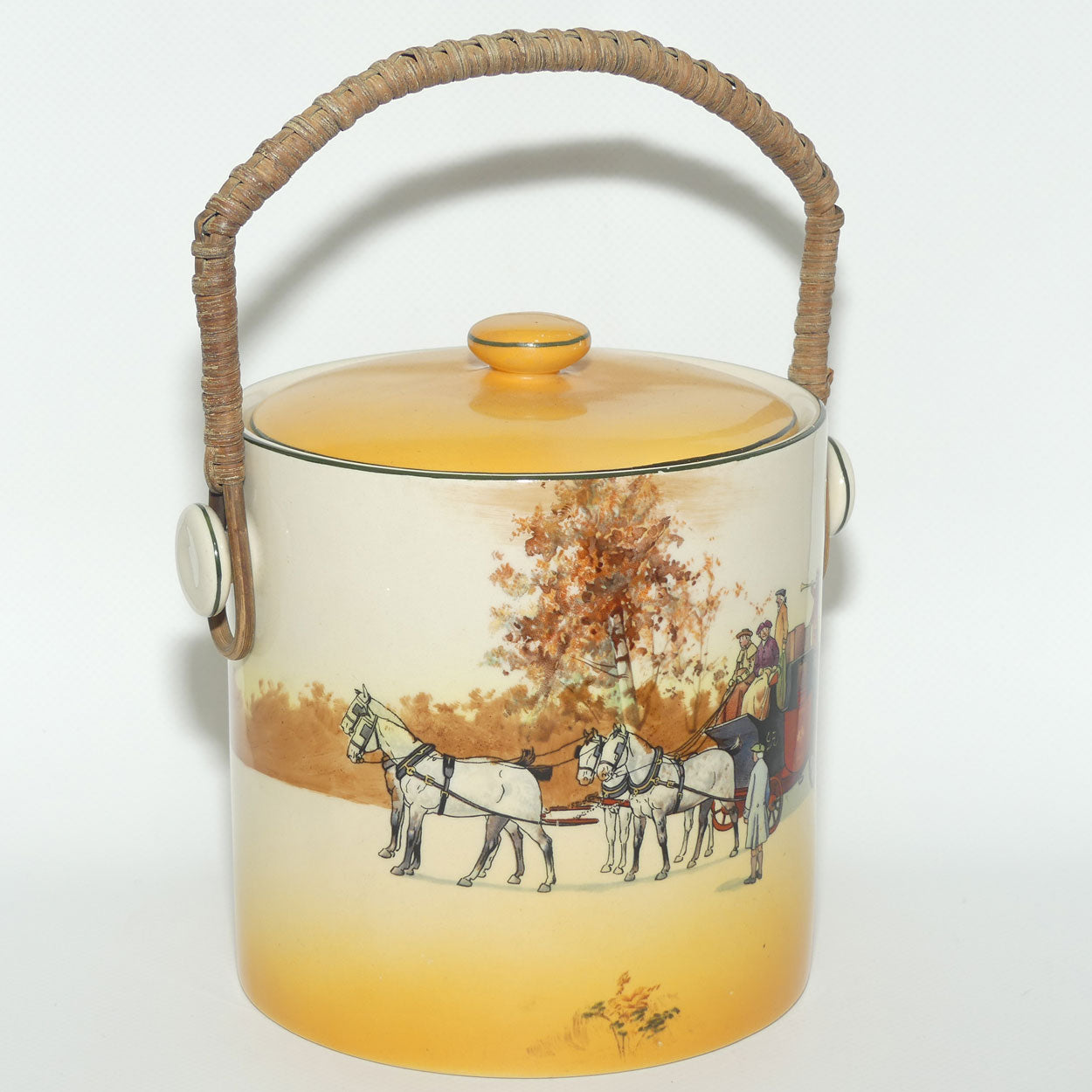 Royal Doulton Coaching Days biscuit barrel with wicker handle