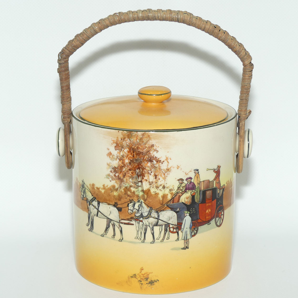 Royal Doulton Coaching Days biscuit barrel with wicker handle