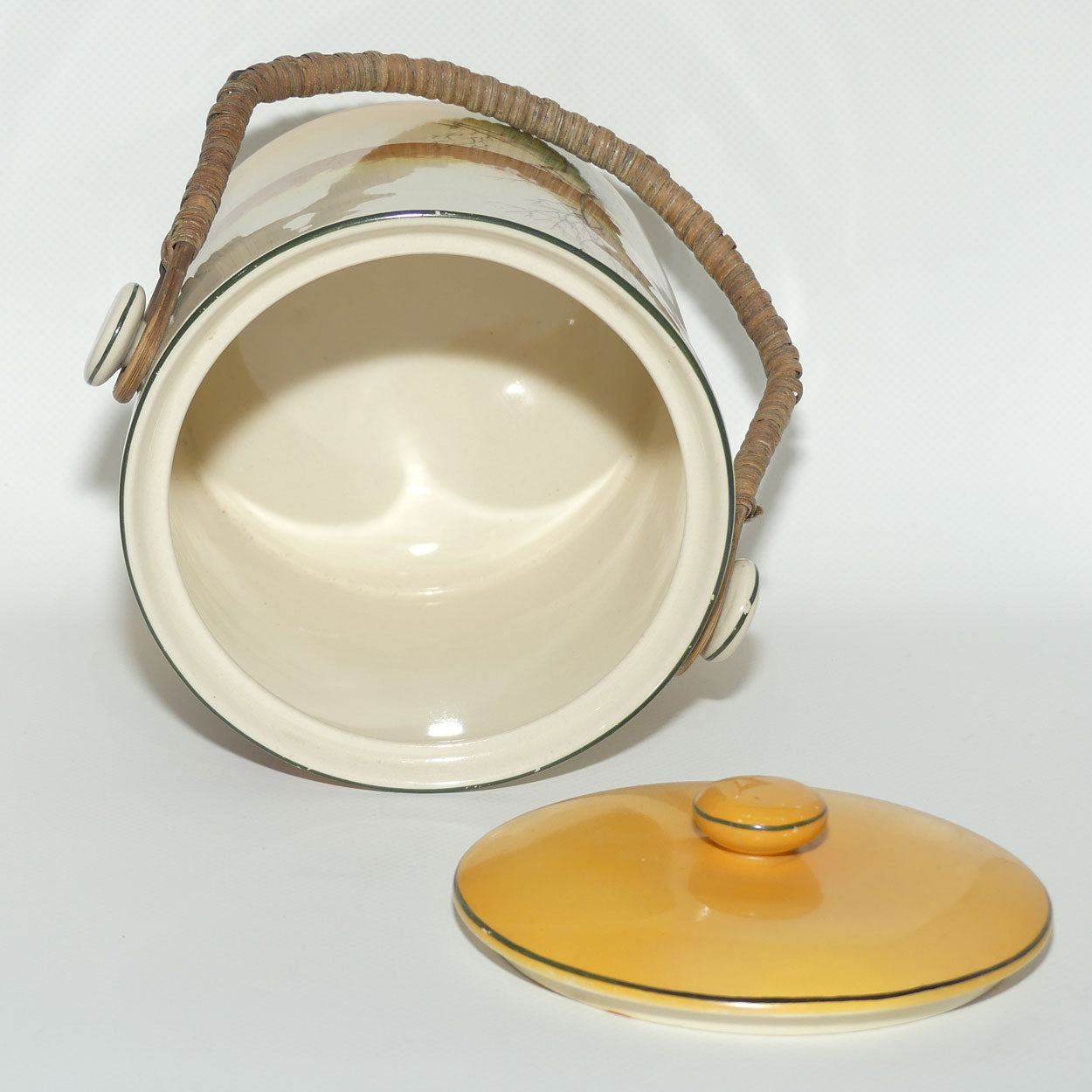 Royal Doulton Coaching Days biscuit barrel with wicker handle