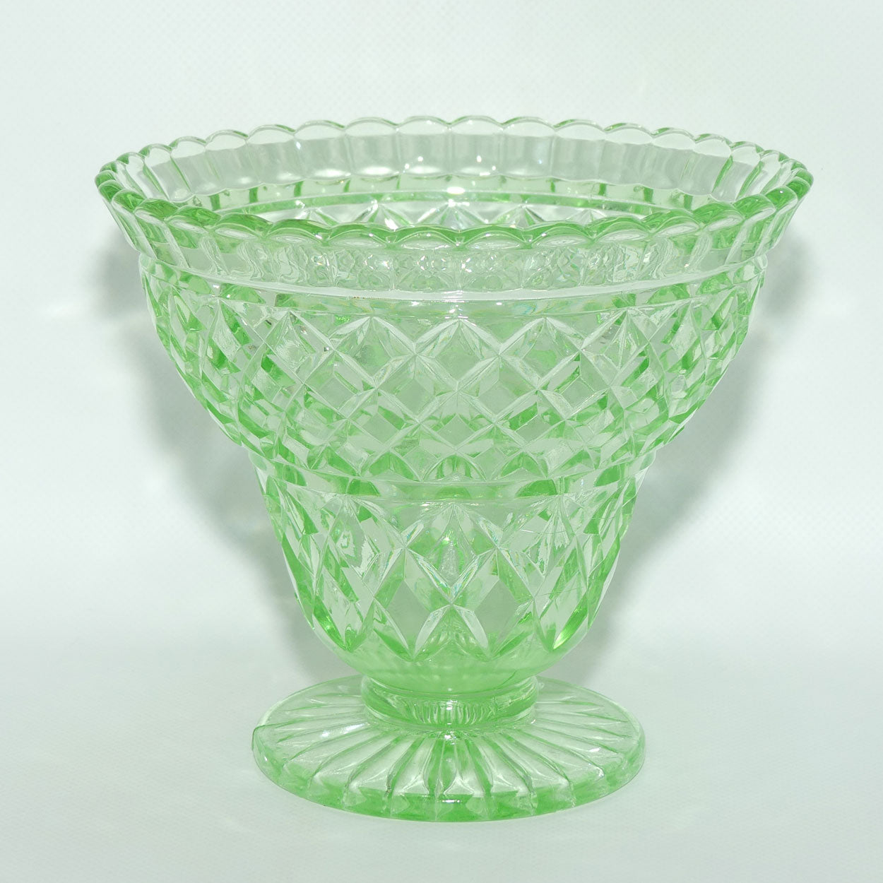 Crown Crystal Glass wide rim footed Green Glass vase | Uranium