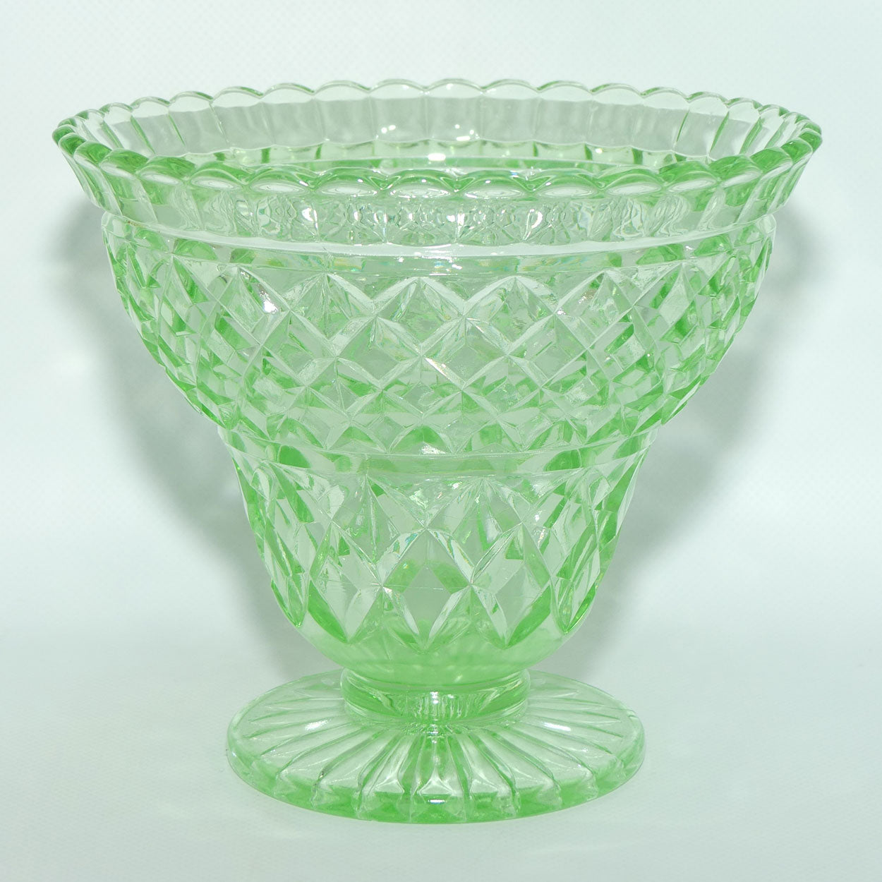 Crown Crystal Glass wide rim footed Green Glass vase | Uranium
