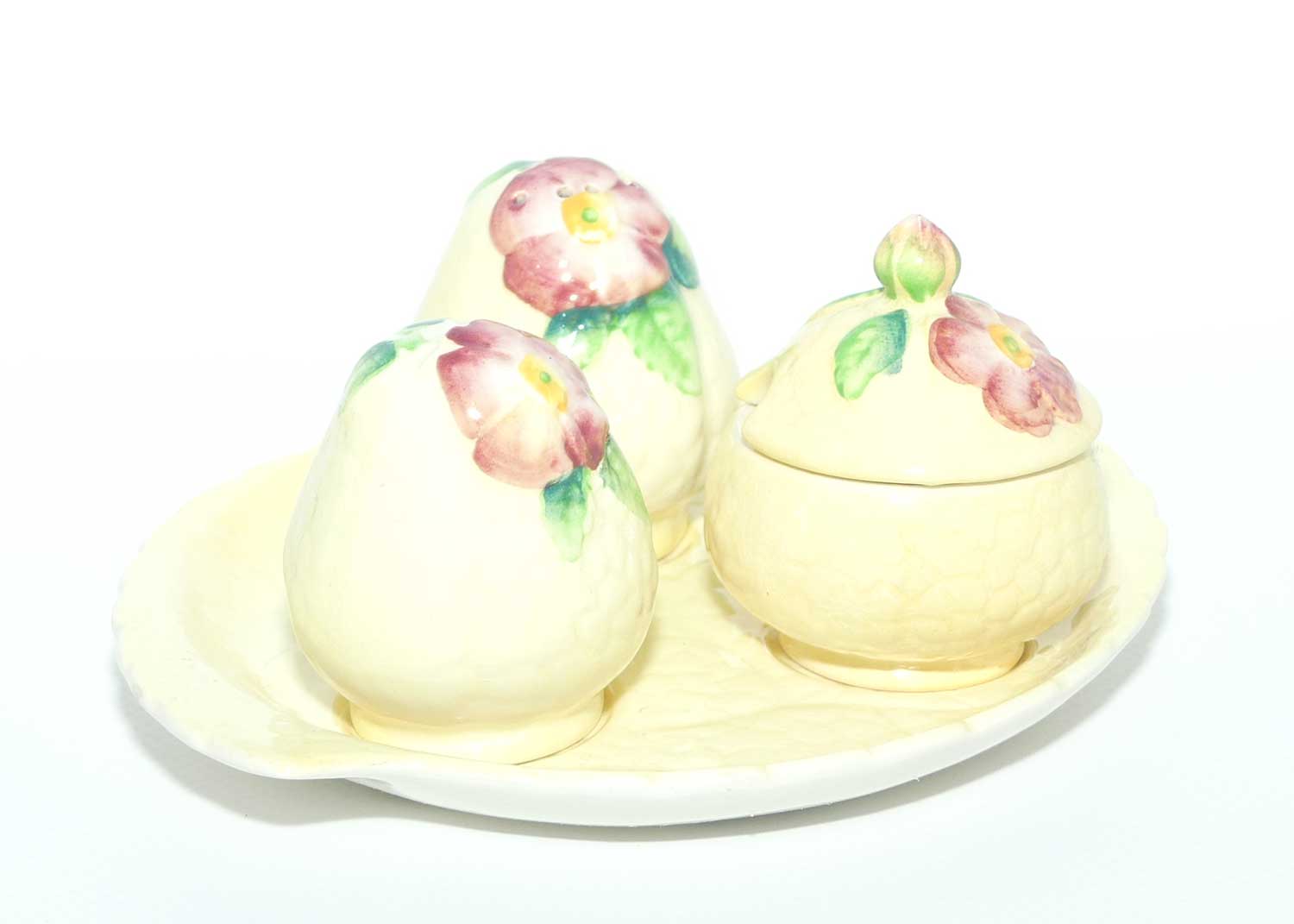 Carlton Ware Wild Rose three piece cruet set on tray