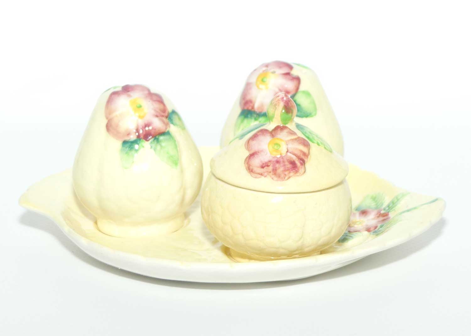 Carlton Ware Wild Rose three piece cruet set on tray