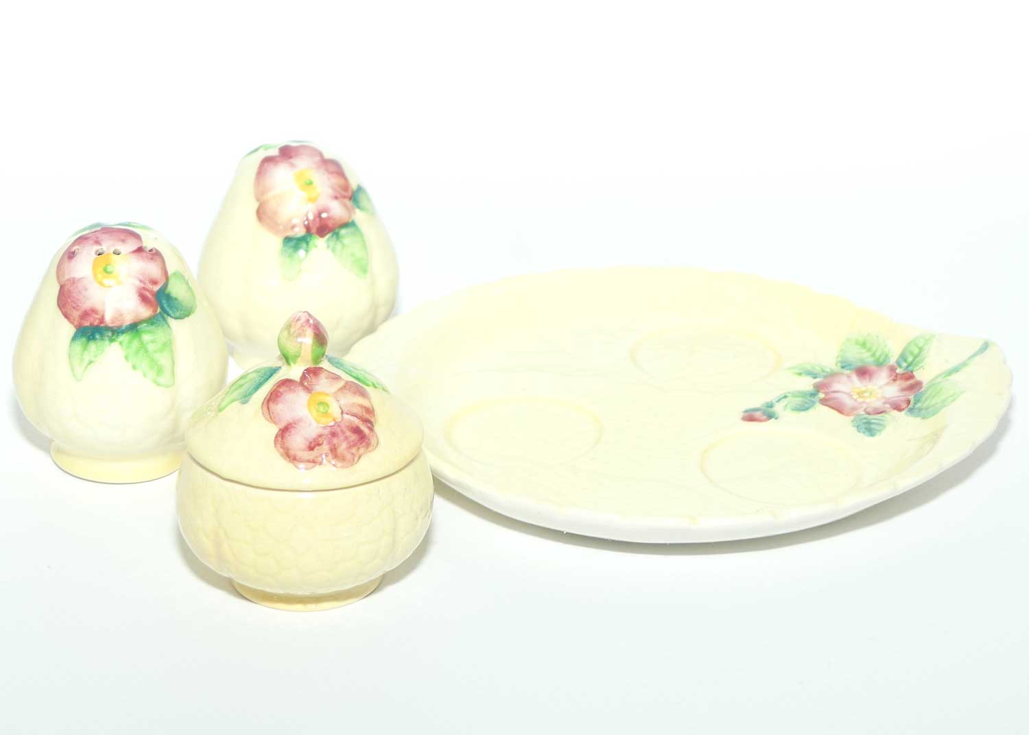 Carlton Ware Wild Rose three piece cruet set on tray