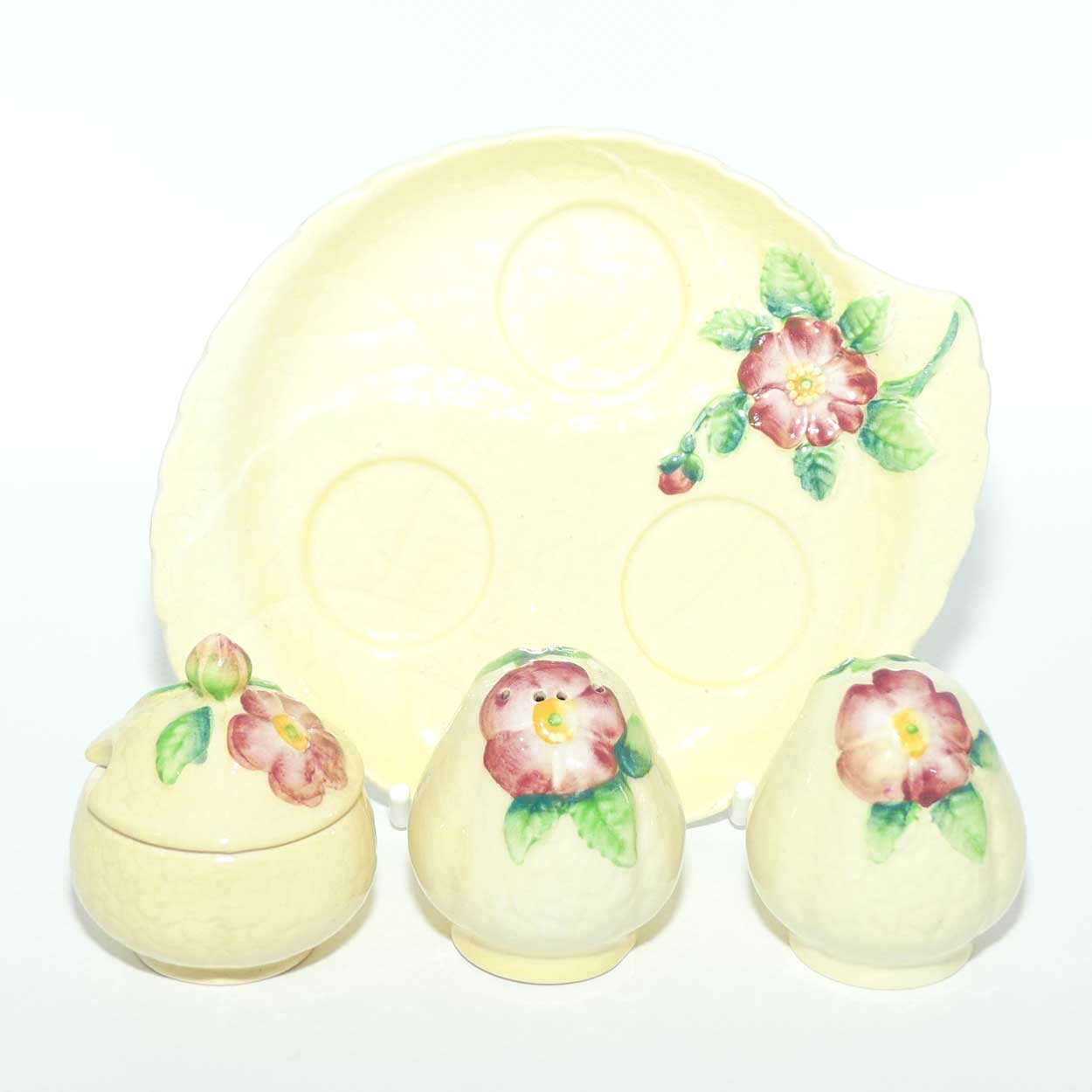Carlton Ware Wild Rose three piece cruet set on tray