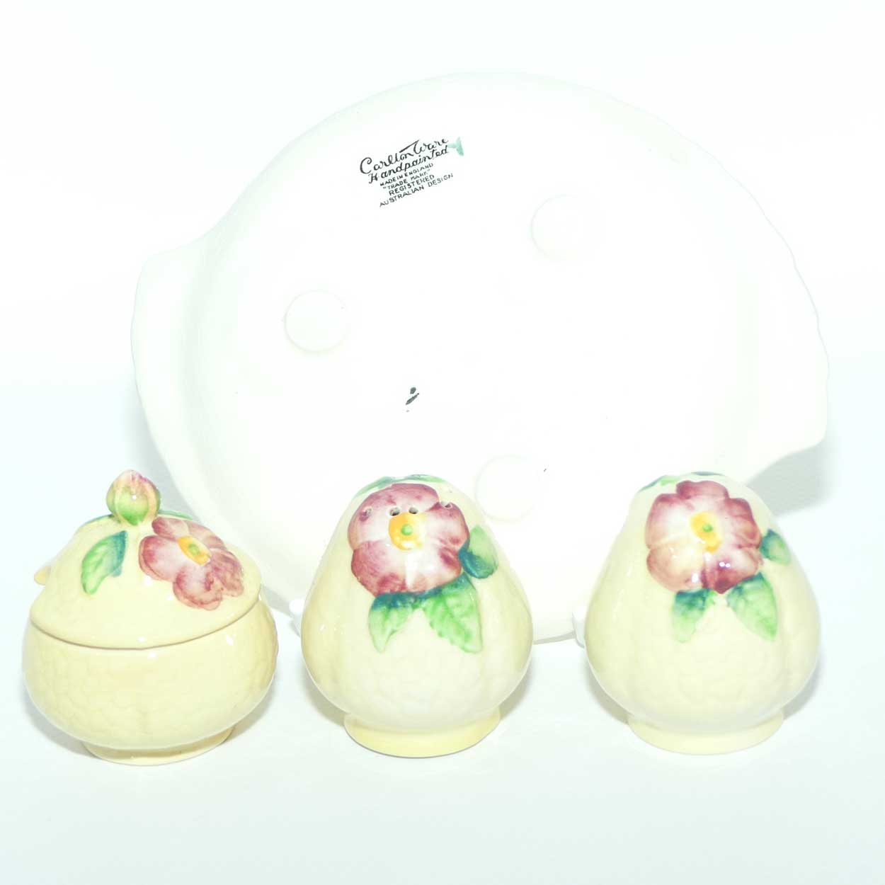 Carlton Ware Wild Rose three piece cruet set on tray