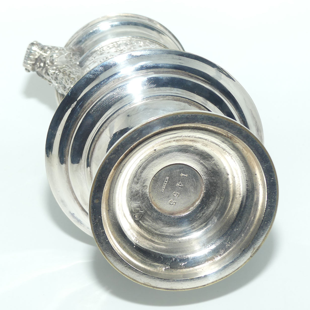 John Grinsell and Sons Silver Plate Heavily decorated Wine Jug with motto Patientia Solertia Nolvi