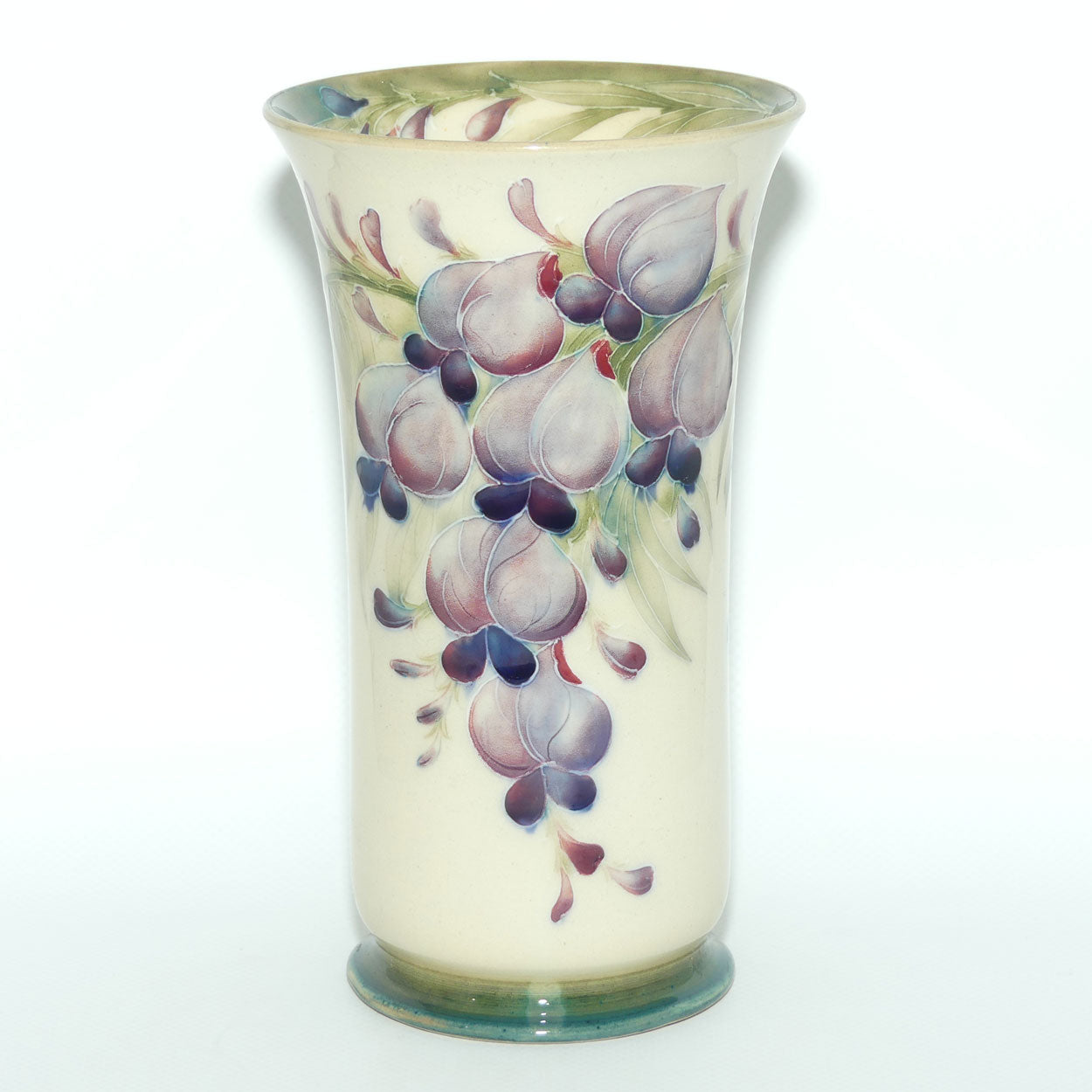 James MacIntyre & Co William Moorcroft Wisteria on White Ground trumpet vase with Inner Rim decoration